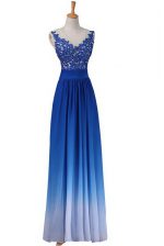 Latest Blue Empire Chiffon V-neck Sleeveless Lace Floor Length Backless Prom Party Dress