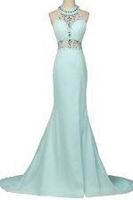  Mermaid Halter Top Light Blue Zipper Prom Gown Beading Sleeveless With Brush Train