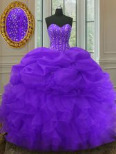 Dramatic Organza Sleeveless Floor Length 15th Birthday Dress and Beading and Ruffles and Pick Ups