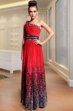  One Shoulder Red Side Zipper Prom Gown Beading and Pattern and Pleated Sleeveless Floor Length