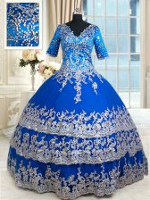  Ruffled Floor Length Royal Blue 15 Quinceanera Dress V-neck Half Sleeves Zipper