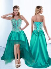 New Style Teal A-line Beading and Bowknot Prom Evening Gown Lace Up Satin Sleeveless High Low