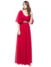  Coral Red Half Sleeves Floor Length Beading Zipper Prom Party Dress