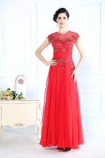 On Sale Scoop Coral Red Column/Sheath Beading Prom Dresses Zipper Organza Sleeveless Floor Length