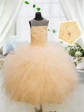 Discount Scoop Sleeveless Tulle Floor Length Zipper Girls Pageant Dresses in Orange with Beading and Appliques