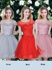 Designer Scoop Short Sleeves Tulle Quinceanera Court of Honor Dress Appliques and Belt Lace Up