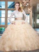 Exceptional Champagne Two Pieces Scoop Long Sleeves Organza Floor Length Zipper Beading and Lace and Ruffles Quinceanera Dresses