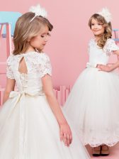 Pretty White Ball Gowns Tulle Scoop Short Sleeves Lace and Bowknot Tea Length Lace Up Flower Girl Dresses for Less