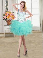 Superior Straps Sleeveless Organza Mini Length Lace Up Prom Evening Gown in Aqua Blue with Beading and Ruffles