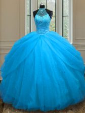 Modest Baby Blue Sleeveless Tulle Lace Up Quinceanera Gown for Military Ball and Sweet 16 and Quinceanera
