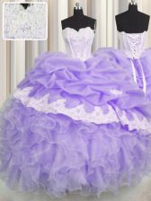  Sweetheart Sleeveless Quinceanera Dress Floor Length Beading and Appliques and Ruffles and Pick Ups Lavender Organza