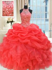Pretty Coral Red Sleeveless Floor Length Beading and Pick Ups Lace Up Quinceanera Dress