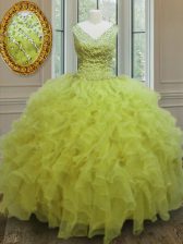 Luxurious Yellow Green Organza Zipper 15 Quinceanera Dress Sleeveless Floor Length Beading and Ruffles
