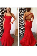  Mermaid Red One Shoulder Criss Cross Beading Prom Party Dress Sleeveless