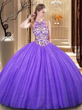 Popular Lavender Ball Gowns Tulle Scoop Sleeveless Embroidery and Sequins Floor Length Backless 15 Quinceanera Dress