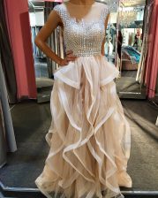 Latest Scoop Sleeveless Prom Evening Gown Floor Length Beading and Ruffles Champagne Tulle