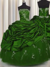  Embroidery Sleeveless Floor Length Beading and Appliques and Pick Ups Lace Up 15th Birthday Dress with Green