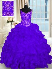Best Lace Up Sweet 16 Dresses Purple for Military Ball and Sweet 16 and Quinceanera with Beading and Embroidery and Ruffles and Pick Ups Brush Train