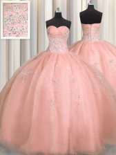  Puffy Skirt Floor Length Watermelon Red Quinceanera Gowns Organza Sleeveless Beading and Appliques