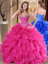 Wonderful Hot Pink Ball Gowns Sweetheart Sleeveless Organza Floor Length Lace Up Beading and Ruffles 15 Quinceanera Dress