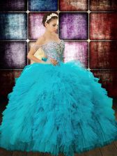 Customized Sequins Off The Shoulder Sleeveless Zipper Quince Ball Gowns Aqua Blue Tulle