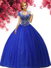  Royal Blue Lace Up Ball Gown Prom Dress Beading Sleeveless Floor Length