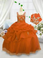  Orange Ball Gowns Straps Sleeveless Organza Floor Length Lace Up Beading and Pick Ups Custom Made