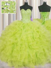  Visible Boning Yellow Green Sleeveless Floor Length Beading and Ruffles Lace Up Quince Ball Gowns
