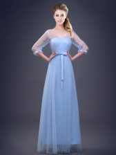 Fashion Light Blue Vestidos de Damas Prom and Party and Wedding Party with Ruching and Bowknot V-neck Half Sleeves Lace Up