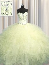 Fancy Visible Boning Sweetheart Sleeveless Lace Up Quinceanera Dress Light Yellow Tulle