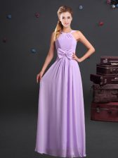 Ideal Halter Top Lavender Zipper Damas Dress Ruching and Bowknot Sleeveless Floor Length