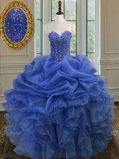 Clearance Blue Lace Up Quinceanera Dress Beading and Ruffles Sleeveless Floor Length