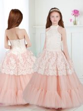  Floor Length White and Peach Flower Girl Dresses for Less Halter Top Sleeveless Zipper