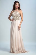 Excellent Sequins Spaghetti Straps Sleeveless Backless Prom Evening Gown Pink Chiffon
