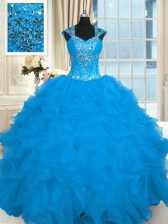  Aqua Blue Sweet 16 Quinceanera Dress Military Ball and Sweet 16 and Quinceanera with Beading and Ruffles Straps Cap Sleeves Lace Up