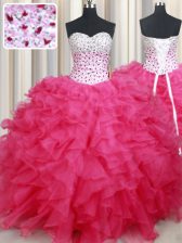 Elegant Hot Pink Sleeveless Organza Lace Up Quinceanera Dresses for Military Ball and Sweet 16 and Quinceanera