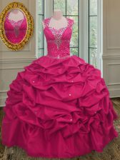 Fashion Pick Ups Ball Gowns Quinceanera Dresses Hot Pink Straps Taffeta Sleeveless Floor Length Lace Up