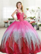 Smart Straps Floor Length Multi-color Ball Gown Prom Dress Tulle Sleeveless Beading and Ruffled Layers