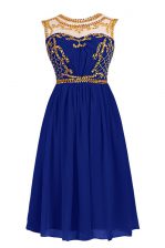 Custom Designed Scoop Knee Length Royal Blue Homecoming Dress Chiffon Sleeveless Beading