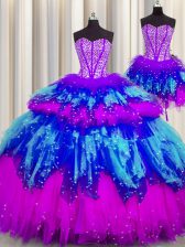  Three Piece Visible Boning Sleeveless Tulle Floor Length Lace Up Quinceanera Gown in Multi-color with Beading and Ruffles and Ruffled Layers and Sequins