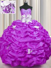 Modest Sleeveless With Train Appliques and Sequins and Pick Ups Lace Up Ball Gown Prom Dress with Lilac Brush Train