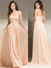 Low Price Sleeveless With Train Belt Clasp Handle Prom Dress with Peach Brush Train
