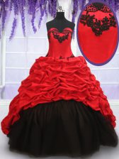Sweet Sleeveless Organza and Taffeta With Brush Train Lace Up 15 Quinceanera Dress in Red And Black with Appliques and Pick Ups