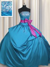 Elegant Teal Lace Up Strapless Beading and Ruching and Bowknot 15 Quinceanera Dress Taffeta Sleeveless