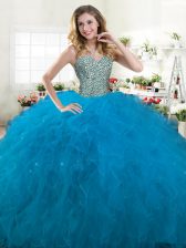 Charming Ball Gowns Sweet 16 Dress Teal Sweetheart Tulle Sleeveless Floor Length Lace Up