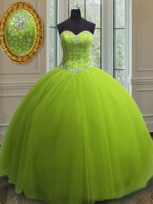 Top Selling Sequins Sweetheart Sleeveless Lace Up Quinceanera Gowns Yellow Green Tulle