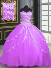 Fashionable Sleeveless Brush Train Lace Up With Train Beading and Appliques Quince Ball Gowns
