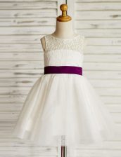 Romantic White Flower Girl Dresses for Less Party and Wedding Party with Lace and Bowknot Scoop Sleeveless Zipper