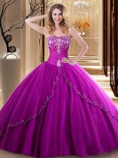  Fuchsia Lace Up Sweetheart Embroidery 15 Quinceanera Dress Tulle Sleeveless