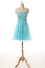 Smart Sleeveless Knee Length Beading Lace Up Dress for Prom with Aqua Blue